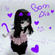 a girl with purple cat ears is surrounded by purple hearts and says bom dia