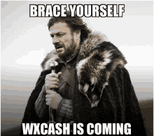 a man in a fur cape holds a sword and says " brace yourself "