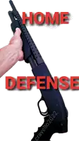 a person is holding a shotgun with the words home defense written on it