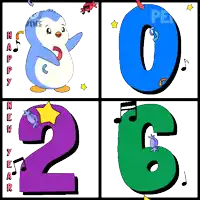 a happy new year greeting card with a penguin and the numbers 2 and 6