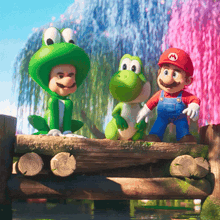 a group of cartoon characters including mario and yoshi are standing on a bridge