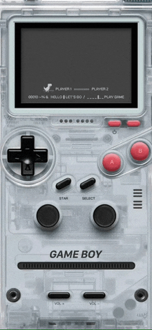 a clear game boy shows a player 1 and player 2 playing a game