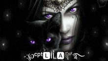 a black and white photo of a woman with purple eyes and a black cat with purple eyes