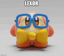 a cartoon character with glasses and a bow tie has the name lexor on the bottom