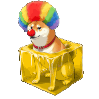 a dog with a clown wig and red nose is sitting in a yellow cube