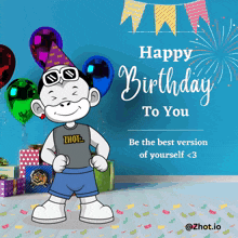 a birthday card with a monkey wearing a zhot shirt