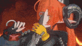 a girl with red hair and yellow gloves is holding a knife .