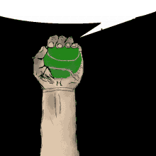 a hand holding a green tennis ball with a speech bubble above it