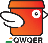 a cartoon drawing of a red bucket with a bird 's wing and the word qwqer below it .