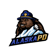 a logo for alaska pd with a bear wearing a blue hat