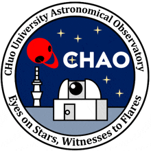 a logo for chuo university astronomical observatory with a red planet