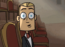 a cartoon of a man in a tuxedo and bow tie sitting in a row of chairs
