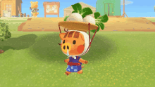 a pig wearing a straw hat carrying vegetables on her head