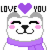 a pixel art drawing of a husky wearing a purple scarf and a purple heart .