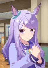 a girl with purple hair and ears is standing in a room
