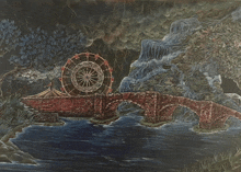 a painting of a ferris wheel and a bridge