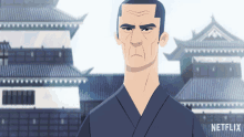 a man in a kimono stands in front of a building with a netflix logo in the corner