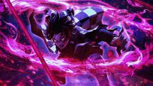 a cartoon character is surrounded by purple flames and a sword