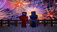 two among us characters standing in front of fireworks