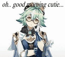 a girl with glasses and a hat is holding her hand to her face and says `` good morning cutie '' .