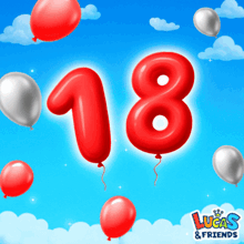 a lucas & friends advertisement with red balloons in the shape of the number 18