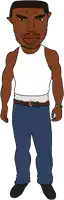 a cartoon drawing of a man with a beard wearing a white tank top and blue jeans