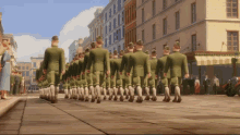 a group of soldiers marching down a street in front of a store that says ' bakery ' on it