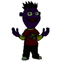 a cartoon character wearing a red shirt with a green skull on it