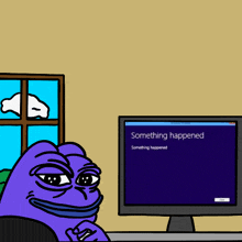 a cartoon of a purple frog sitting in front of a computer monitor that says something happened