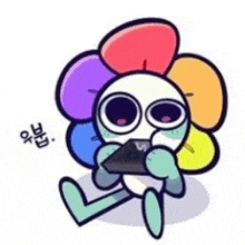 a cartoon character with a rainbow flower on its head is holding a piece of paper .