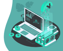 an isometric illustration of a laptop computer with a graph on the screen