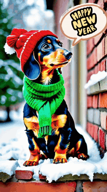 a dachshund wearing a red hat and green scarf with a happy new year speech bubble above it