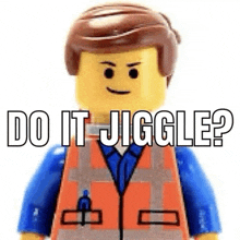 a lego man is wearing a blue shirt and an orange vest and says `` do it jiggle ? ''