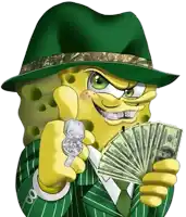 a cartoon of spongebob wearing a green hat holding a fan of money