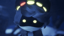 a close up of a cartoon character with glowing eyes and a mask .