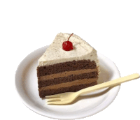 a slice of cake with a cherry on top is on a white plate with a fork