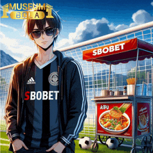 a man in a sbobet jersey stands next to a sbobet food cart