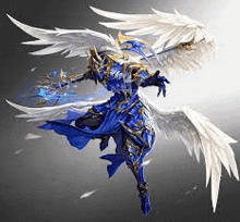 a blue and white angel with white wings is holding a sword in his hand .