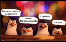 a group of penguins with speech bubbles that say serios frigiderului are sens