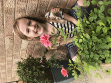 a girl in a striped shirt holds a pink rose in her hand