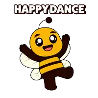 a cartoon bee with the words happy dance behind it