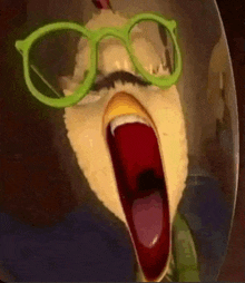 a cartoon chicken wearing green glasses with its mouth wide open .