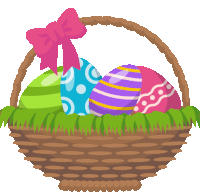 a wicker basket filled with easter eggs with a pink bow