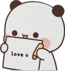 a panda bear is holding a sign that says `` love u '' in its mouth .