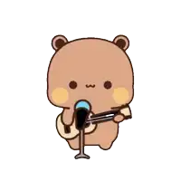a cartoon teddy bear is singing into a microphone while holding a guitar .