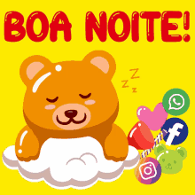 a teddy bear sleeping on a cloud with the words boa noite in red