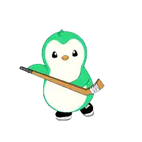 a penguin is holding a hockey stick with a bandage on it