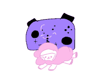 a cartoon drawing of a purple bear with a pink blanket on it