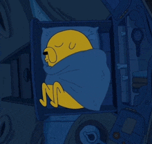 a cartoon character wrapped in a blue blanket