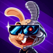 a cartoon bunny wearing sunglasses and a helmet with a red eye .